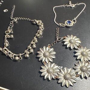 3 Silver Tone Sunflower , Jingle bell and Blue pendant Bracelet Set